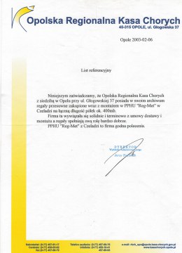 List referencyjny od Opolskiej Kasy Chorych